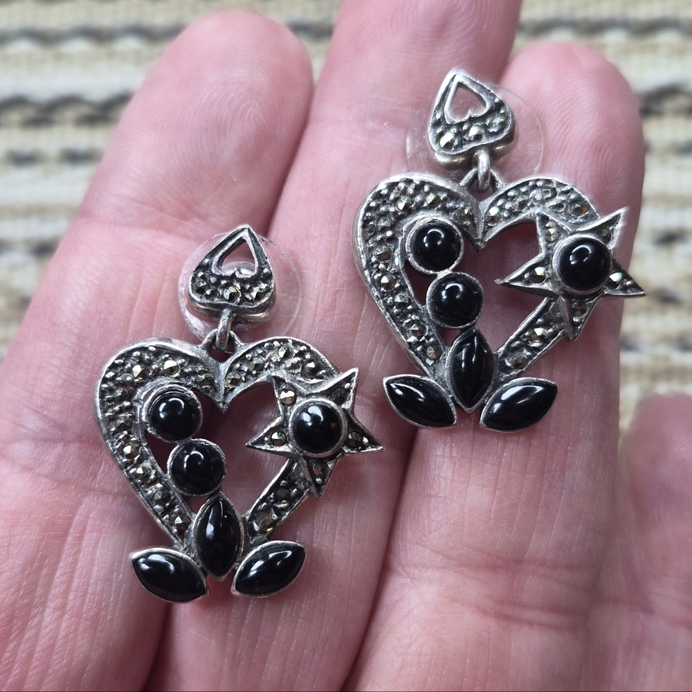 Sterling Silver Marcasite Heart Star Earrings Onyx Glass Pierced Post Backs